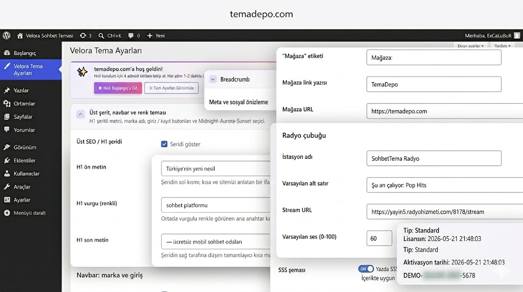 Velora üst H1 SEO şeridi ve navbar tema renkleri ayar paneli