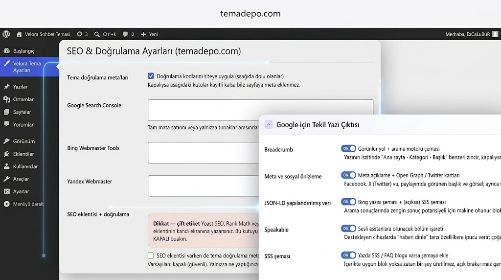 Velora webmaster doğrulama ve tekil yazı SEO ayarları