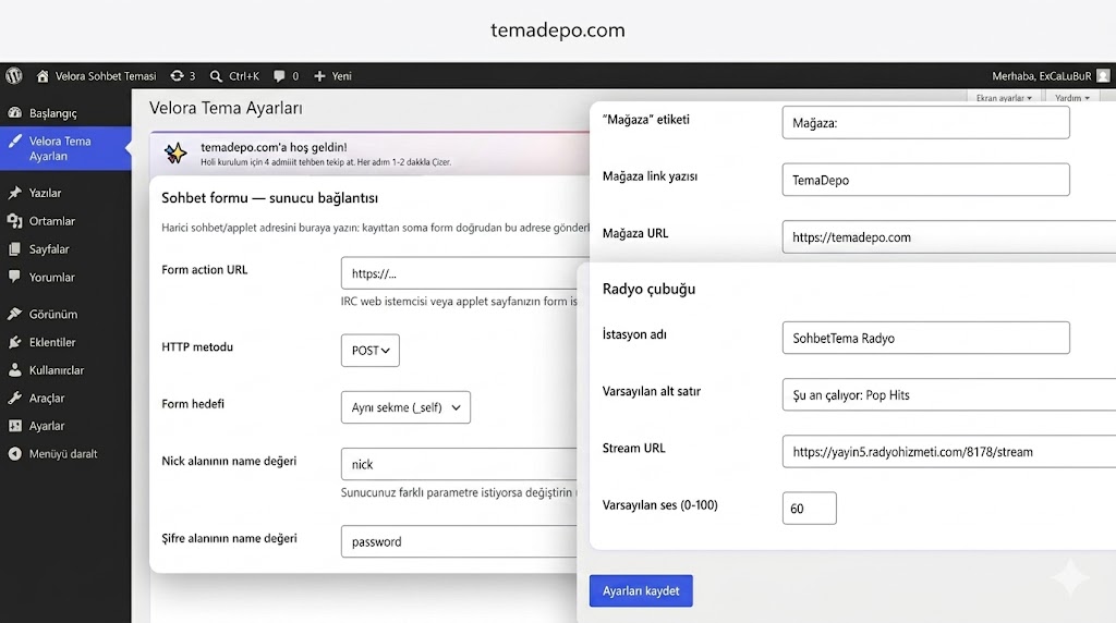 Velora ana sayfa sohbet formu — action URL, nick ve şifre alan adları, applet seçenekleri