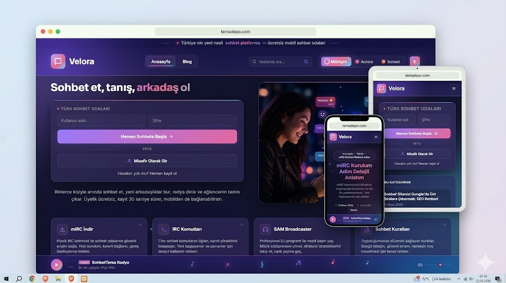 Velora sohbet sitesi teması kurulumu sonrası mobil tablet ve masaüstü görünüm