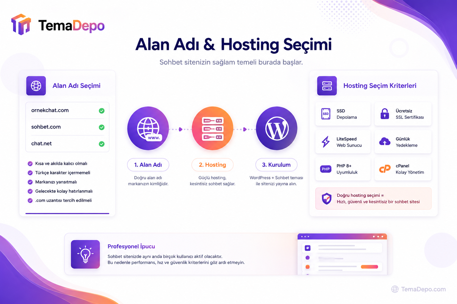 Sohbet sitesi alan adı ve hosting seçimi infografiği