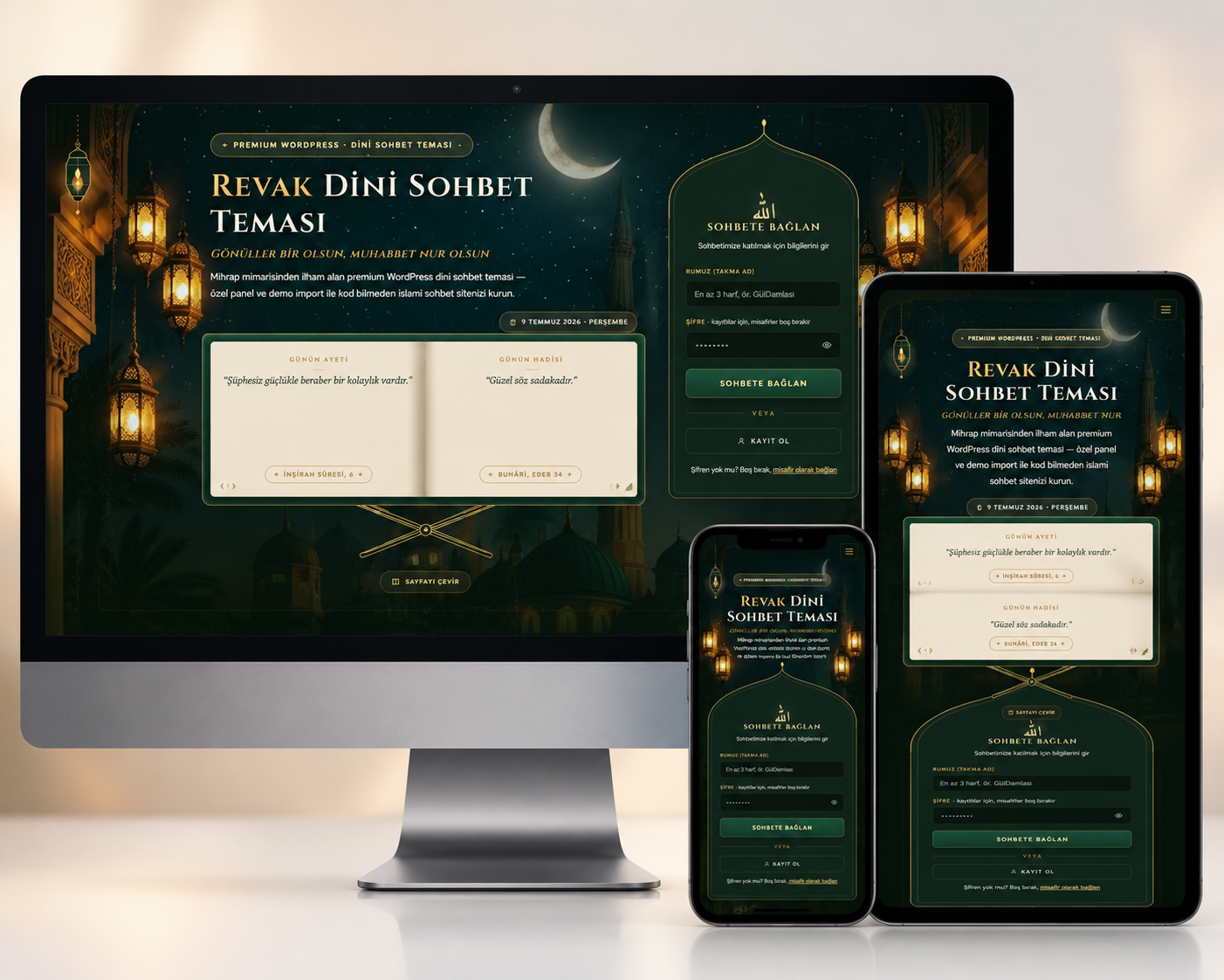 Revak dini sohbet teması kurulumu sonrası mobil tablet ve masaüstü görünüm